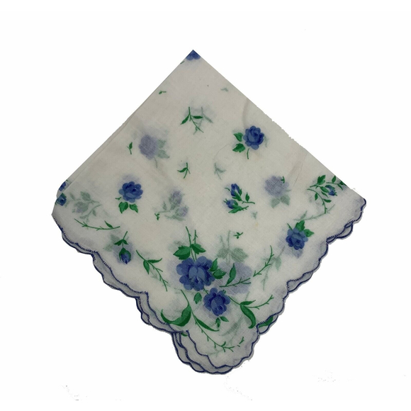 Vintage Spring Blue Rosebud Rose Floral Corner Scalloped Edge Hanky Handkerchief - Picture 1 of 3